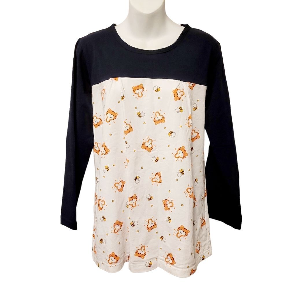 2/$20 Y2K Navy Blue with Baby Tigers Sleepwear Top 60% Cotton Size: M